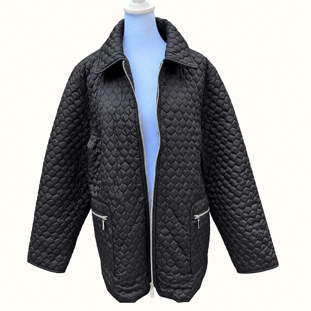 Dollhouse Black Quilted Jacket 1X Plus Size Collared Zip Front Silver